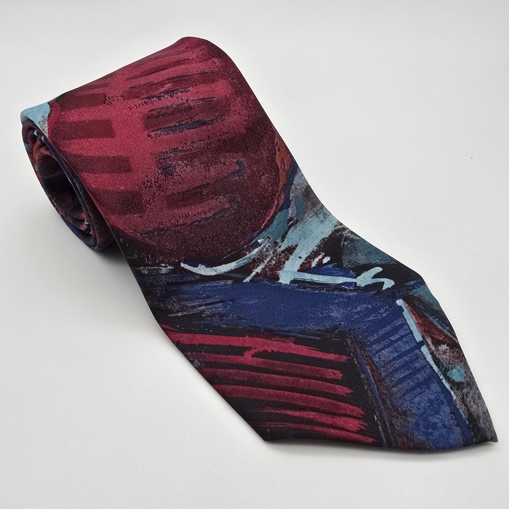 Italissimo Mens Abstract Silk Look Tie Burgundy Blue Painterly Geometric
